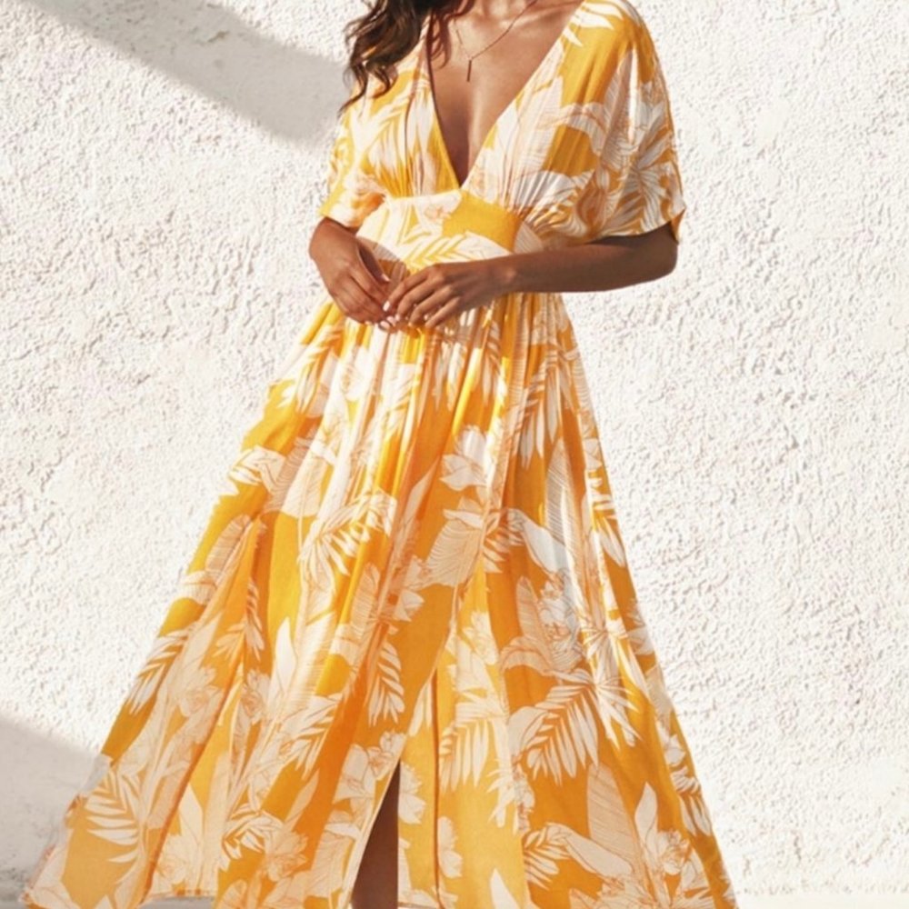 Yellow Floral Maxi Dress with V-Neck